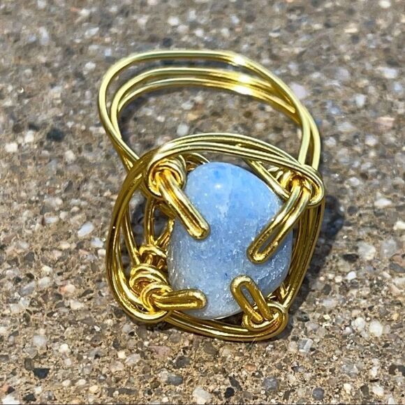 BLUE AVENTURINE QUARTZ ADJUSTABLE WIREWRAPPED CHUNKY GEMSTONE RING - Picture 2 of 4